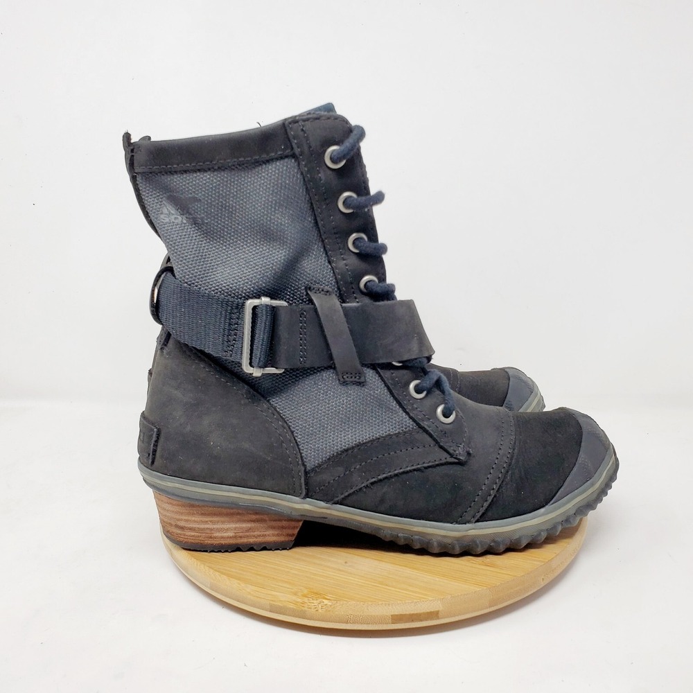 Sorel Boots Womens 7.5 Slimboot Black Lined Lace Up Mid Calf Snow Shoes